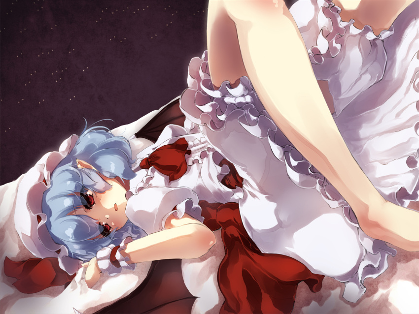 1girl, ascot, bat_wings, bloomers, blue_hair, crotchless_panties, dress, eyes_visible_through_hair, frilled_dress, frilled_skirt, frills, gengetsu_chihiro, highres, looking_to_the_side, lying, mob_cap, on_back, open_mouth, panties, pointy_ears, puffy_short_sleeves, puffy_sleeves, red_eyes, remilia_scarlet, short_hair, short_sleeves, skirt, solo, touhou, underwear, upskirt, wallpaper, wings