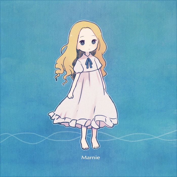 1girl, ayu_(mog), barefoot, blonde_hair, character_name, dress, long_hair, marnie