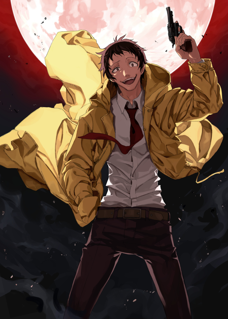 1boy, adachi_tooru, brown_eyes, brown_hair, fukusa, full_moon, gun, hand_in_pocket