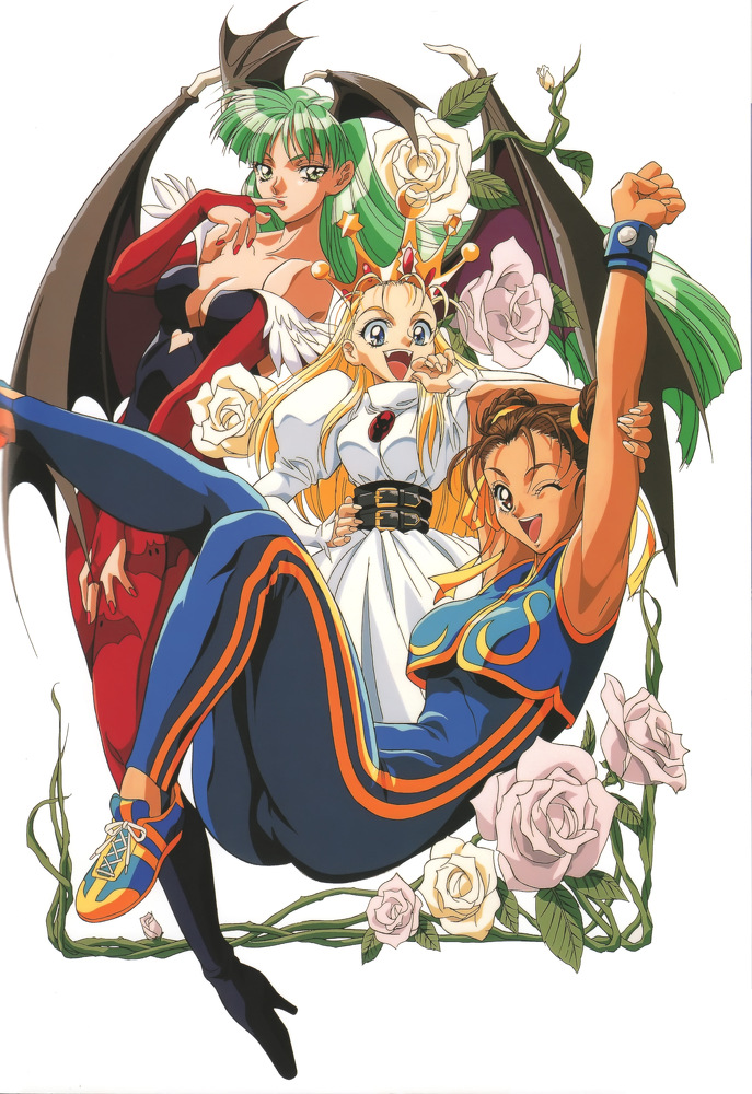 bare_shoulders, bat_print, bat_wings, blonde_hair, blue_eyes, breasts, bridal_gauntlets, capcom