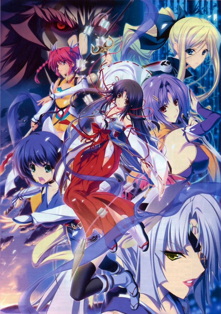 6+girls, aqua_eyes, black_hair, blonde_hair, blue_eyes, blue_hair, breasts, choker, detached_sleeves, dual_wielding, eyepatch, hieda_saku, iizuki_tasuku, knife, laila_lia_sorel, lance, large_breasts, long_hair, monobe_tomoe, multiple_girls, ninja, pink_hair, polearm, ponytail, redhead, reverse_grip, shiden_enkan_no_kizuna, short_hair, sword, very_long_hair, violet_eyes, weapon, yellow_eyes