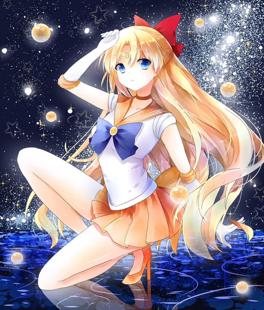 1girl, aino_minako, bishoujo_senshi_sailor_moon, bishoujo_senshi_sailor_moon_crystal, blonde_hair, blue_eyes, bow, choker, collarbone, elbow_gloves, gloves, hair_bow, half_updo, hand_to_head, high_heels, highres, jewelry, kurana, long_hair, looking_away, magical_girl, one_knee, orange_skirt, outstretched_arm, reflection, sailor_venus, serious, skirt, sky, solo, star_(sky), starry_sky, tiara