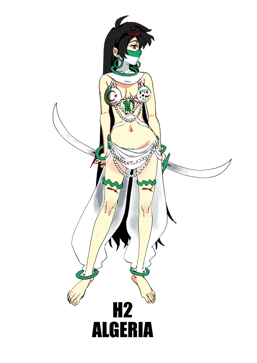 1girl, 2014_fifa_world_cup, absurdres, algeria, barefoot, bikini_top, black_hair, daibajoujisan