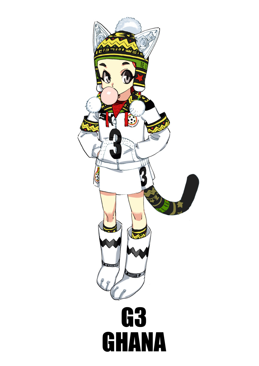 1girl, 2014_fifa_world_cup, absurdres, daibajoujisan, ghana, hands_in_pockets, highres, original, simple_background, solo, tail, white_background, world_cup