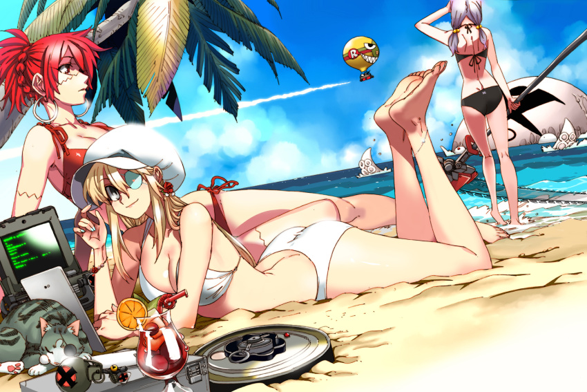 3girls, bikini, black_bikini, blonde_hair, cat, chainsaw, chainsaw_scythe, crazy_straw