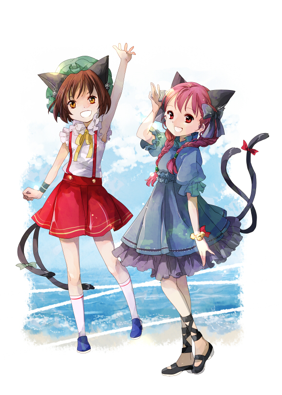 2girls, animal_ears, arm_up, bell, blue_dress, braid, breasts, brown_eyes