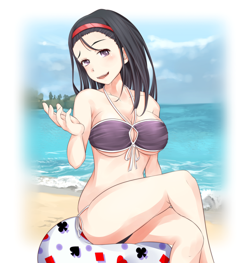 1girl, ball, beach, beachball, bikini, black_hair, hairband, kumokawa_seria