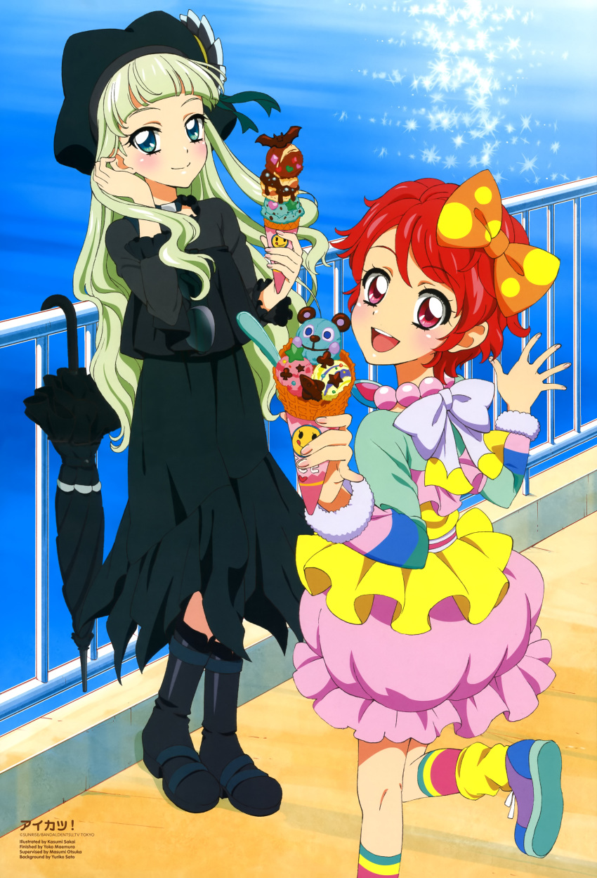 2girls, absurdres, aikatsu!, blue_eyes, boots, bow, food, green_hair, hair_bow, hat, highres, ice_cream, ichinose_kaede, leg_lift, legs, long_hair, looking_back, maemura_yoko, multiple_girls, open_mouth, otsuka_masumi, red_eyes, redhead, sakai_kasumi, sato_yuriko, short_hair, smile, socks, toudou_yurika, umbrella, very_long_hair, water