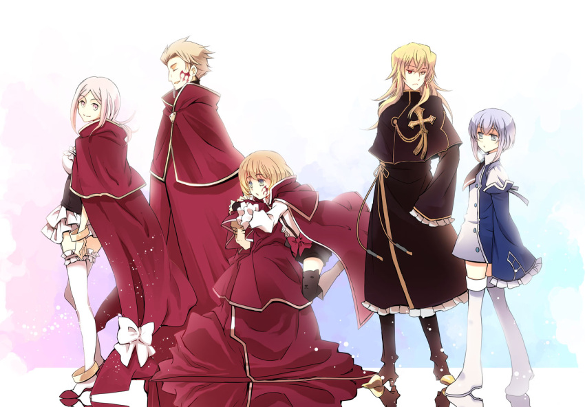 3boys, 3girls, blonde_hair, cape, charlotte_(pandora_hearts), closed_eyes, cross, dress, earrings, echo, fang_(pandora_hearts), flower, formal, gloves, green_eyes, heterochromia, hood, jewelry, lily_(pandora_hearts), long_hair, multiple_boys, multiple_girls, pandora_hearts, pink_eyes, pink_hair, red_eyes, short_hair, skirt, smile, thigh-highs, vincent_nightray, white_hair, yellow_eyes