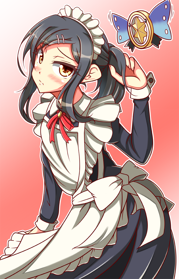 1girl, apron, black_hair, fate/kaleid_liner_prisma_illya, fate_(series), kaleido_sapphire, kaleidostick, long_hair
