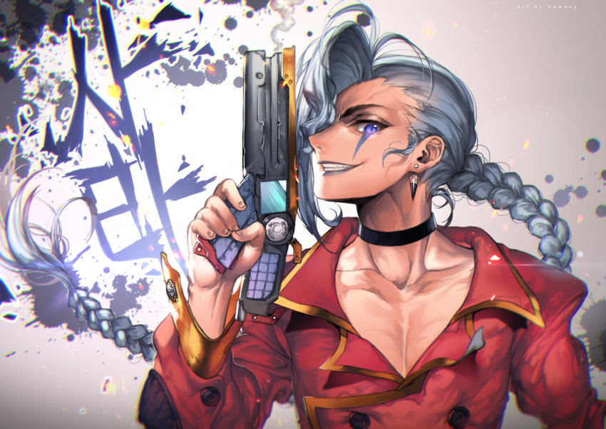 braid, character_request, earrings, facial_mark, ghost_messenger, grin, gun, jewelry