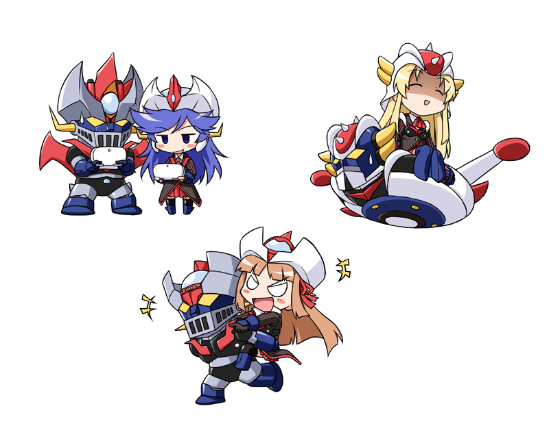3girls, akou_roushi, blonde_hair, blue_hair, brown_hair, female, gre-chan, great_mazinger