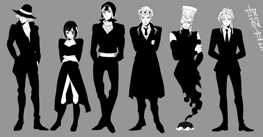 1girl, 5boys, cannolo_murolo, coco_jumbo, formal, giorno_giovanna, guido_mista, jean_pierre_polnareff