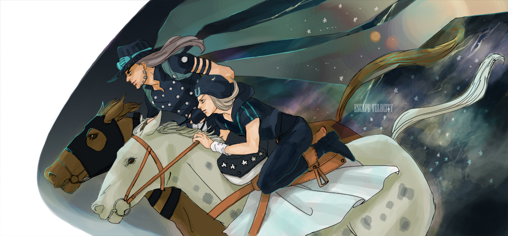 2boys, gyro_zeppeli, hat, horse, ichi_(fe1538), johnny_joestar, jojo_no_kimyou_na_bouken, multiple_boys