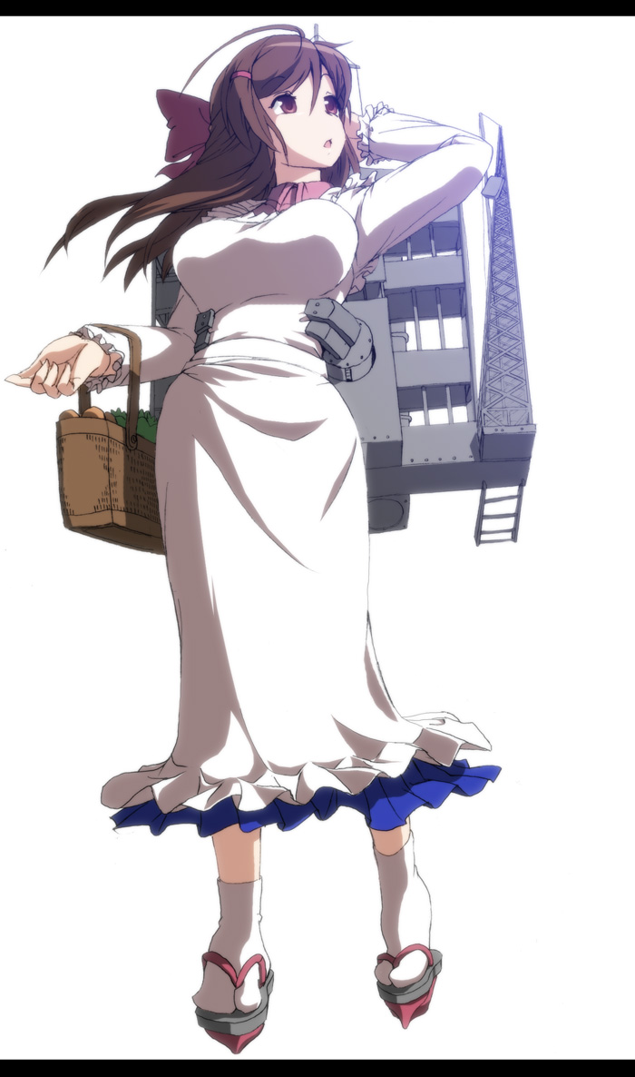 1girl, adjusting_hair, ahoge, arms_behind_head, breasts, brown_eyes, brown_hair, dress, hair_ornament, hair_ribbon, hairclip, kantai_collection, long_hair, looking_away, mamiya_(kantai_collection), mecha_musume, open_mouth, potato, ribbon, rrw_(wrwrwr54), simple_background, solo, tower, white_background