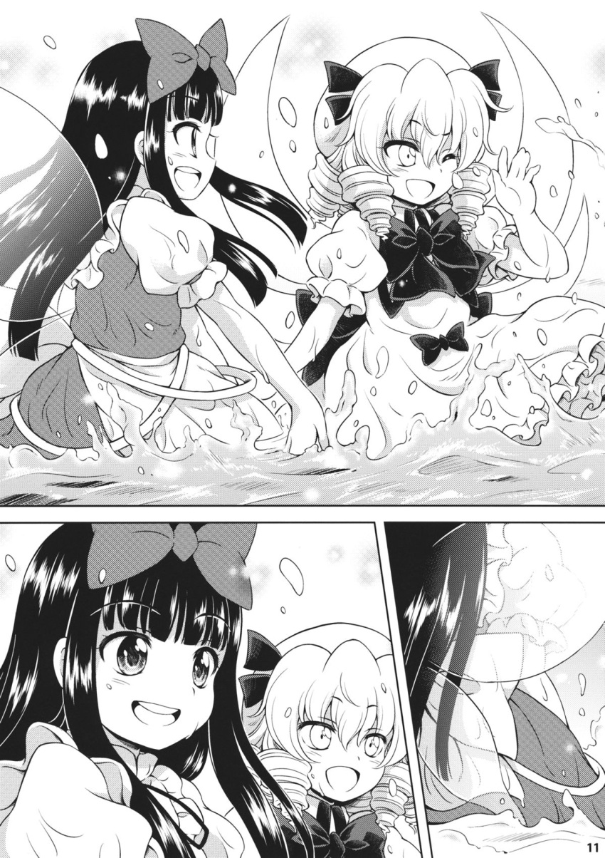 2girls, :d, drill_hair, highres, hirasaka_makoto, in_water, long_hair, luna_child
