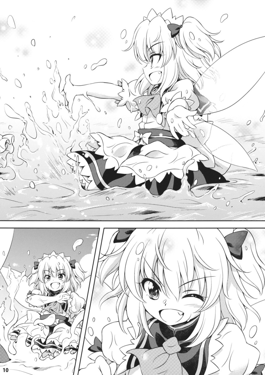 1girl, :d, ;d, fang, highres, hirasaka_makoto, in_water, one_eye_closed