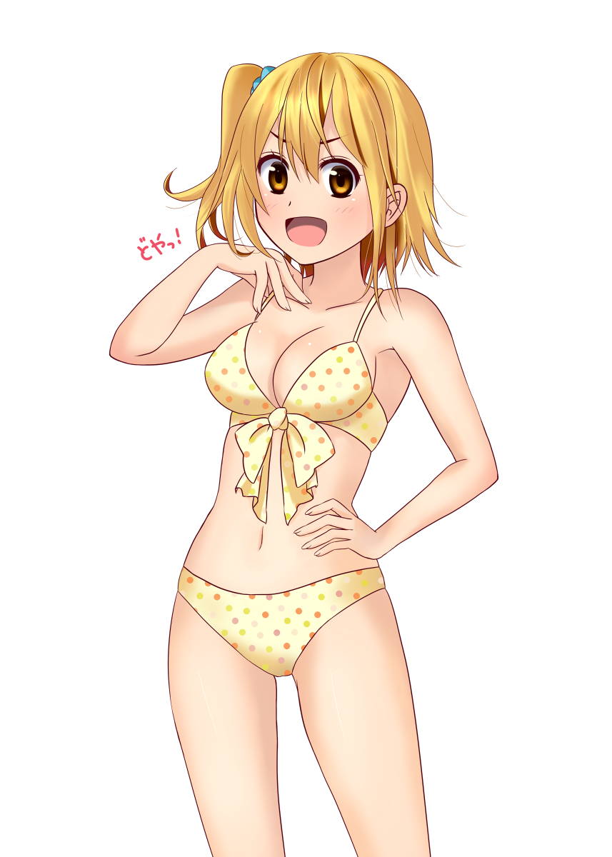1girl, bikini, blonde_hair, blush, highres, kagerou_project, kisaragi_momo, open_mouth