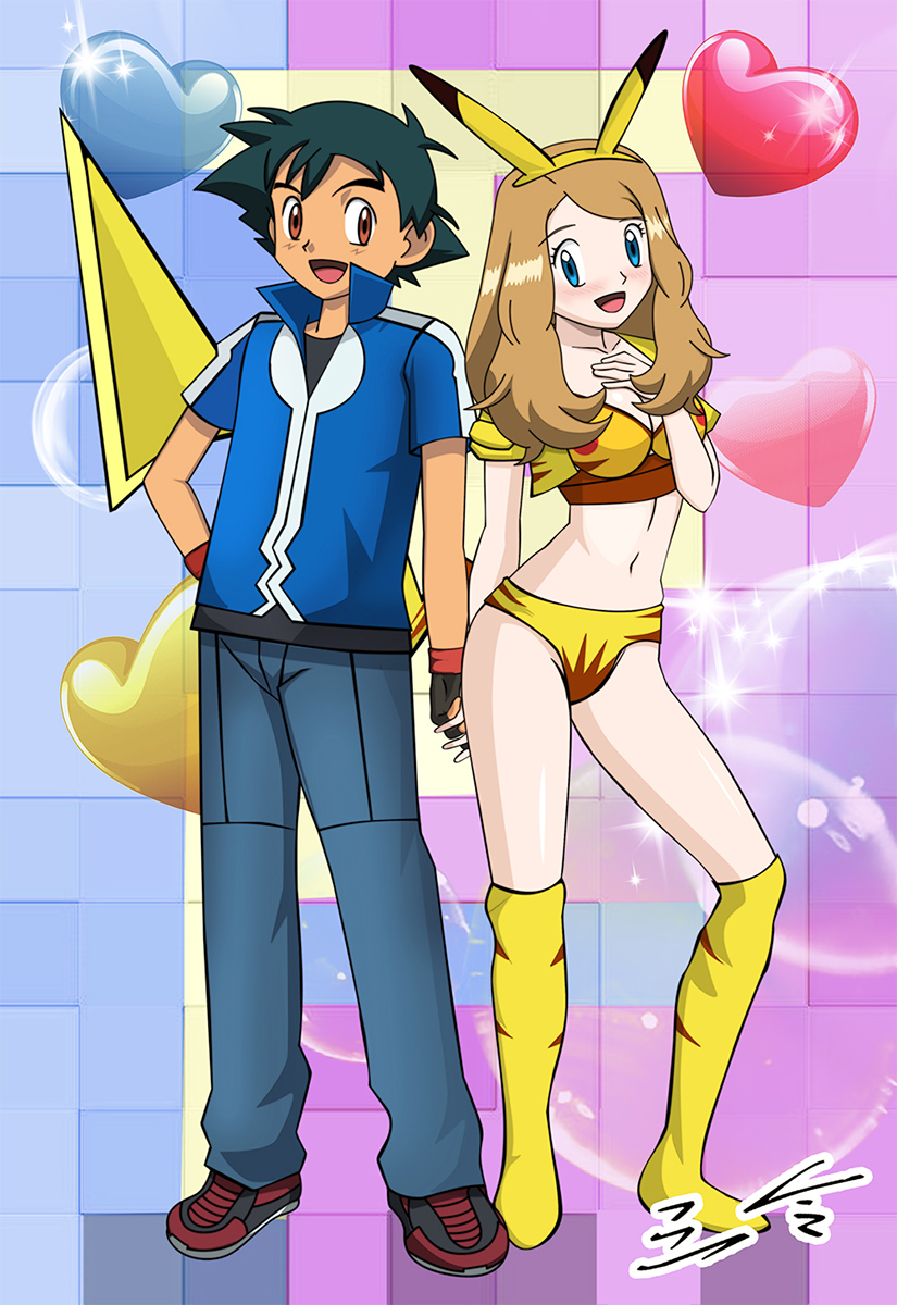 1boy, 1girl, animal_ears, ash_ketchum_(pokemon), blue_eyes, blush, boots, breasts