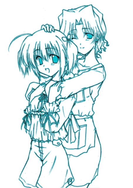 hug, hug_from_behind, monochrome, mother_and_daughter, sankaku_umako, smile, to_heart_2, twintails