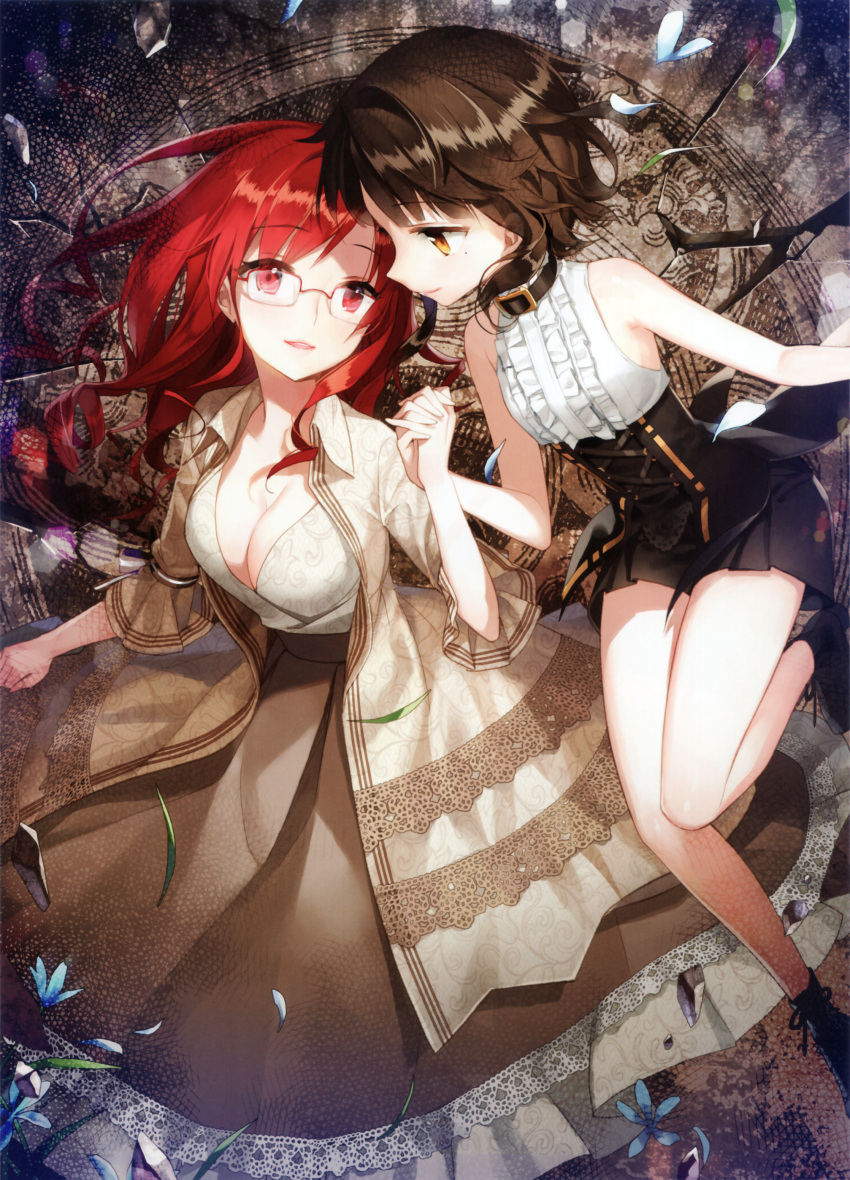 2girls, absurdres, bare_shoulders, breasts, brown_hair, choker, cleavage, corset