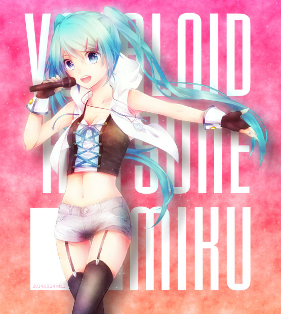 1girl, aqua_eyes, aqua_hair, character_name, copyright_name, corset, fingerless_gloves, garter_straps