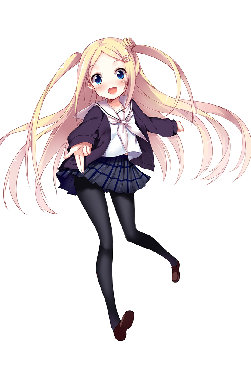 1girl, aixioo, black_legwear, blonde_hair, blue_eyes, blush, cardigan, fang