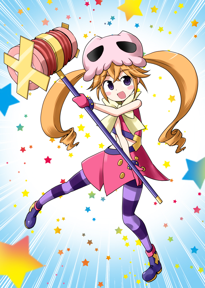1girl, :d, boots, dress, eldora_(wixoss), gloves, hair_ornament, hammer