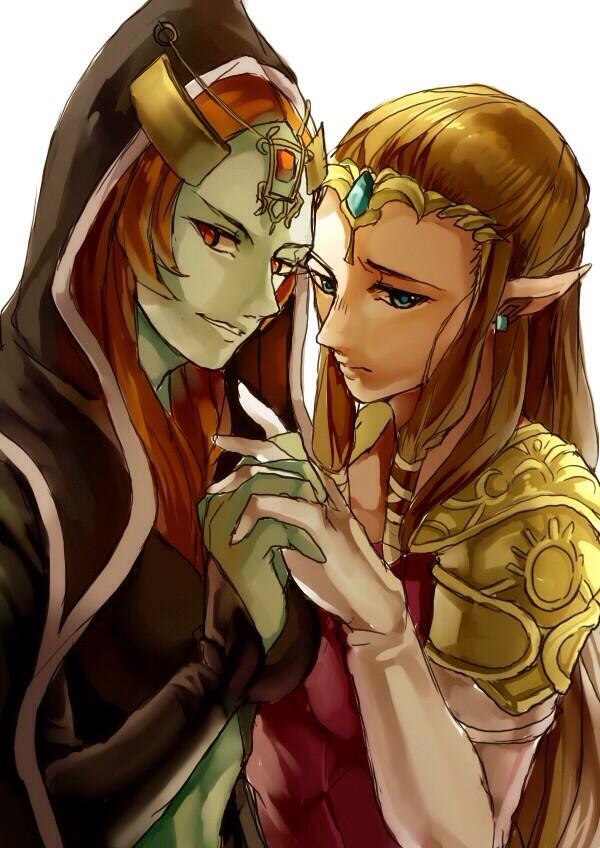 blue_eyes, brown_eyes, brown_hair, earrings, gloves, hood, jewelry, long_hair, mayo_(artist), midna, nintendo, pointy_ears, princess_zelda, shoulder_pads, smile, the_legend_of_zelda, tiara, twilight_princess