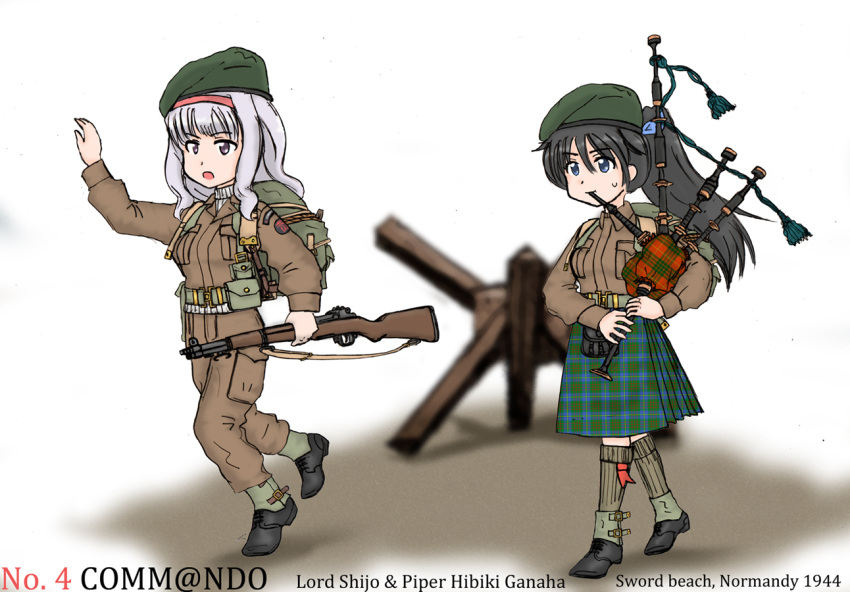backpack, bag, bagpipes, beret, d-day, ernest, ganaha_hibiki, gun