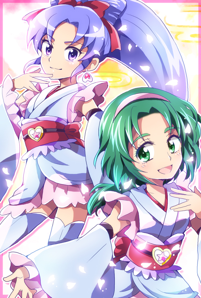 2girls, akimoto_komachi, anmitsu_komachi, cosplay, crossover, cure_fortune, cure_fortune_(cosplay), detached_sleeves