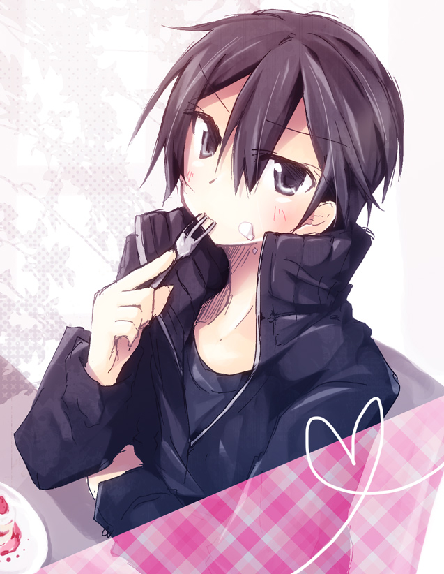 1boy, akina_rei, black_eyes, black_hair, cake, eating, food, fork