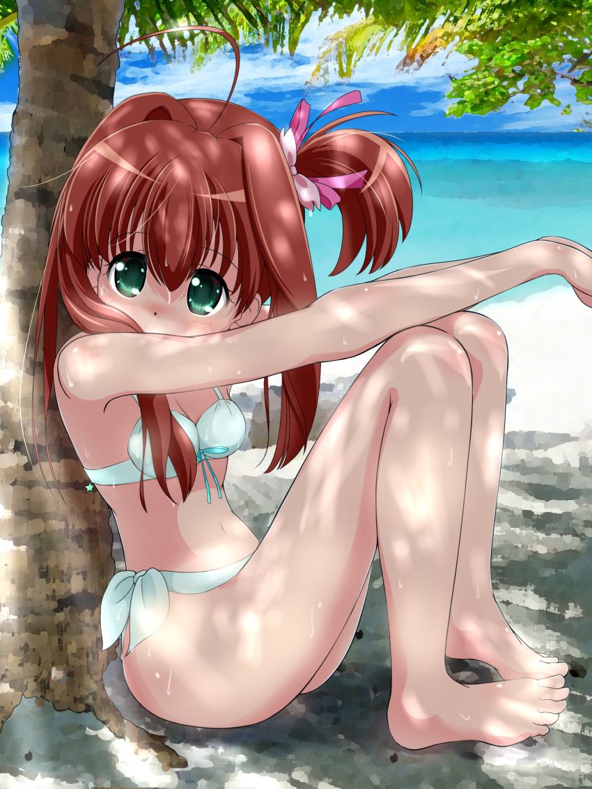 1girl, barefoot, bikini, brown_hair, green_eyes, highres, jewelpet_(series), jewelpet_tinkle