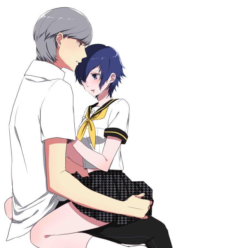 1boy, 1girl, absurdres, alternate_costume, blue_eyes, blue_hair, couple, grey_eyes, grey_hair, highres, iketsuko, narukami_yuu, persona, persona_4, school_uniform, serafuku, shirogane_naoto, short_hair, sitting, sitting_on_lap, sitting_on_person, skirt