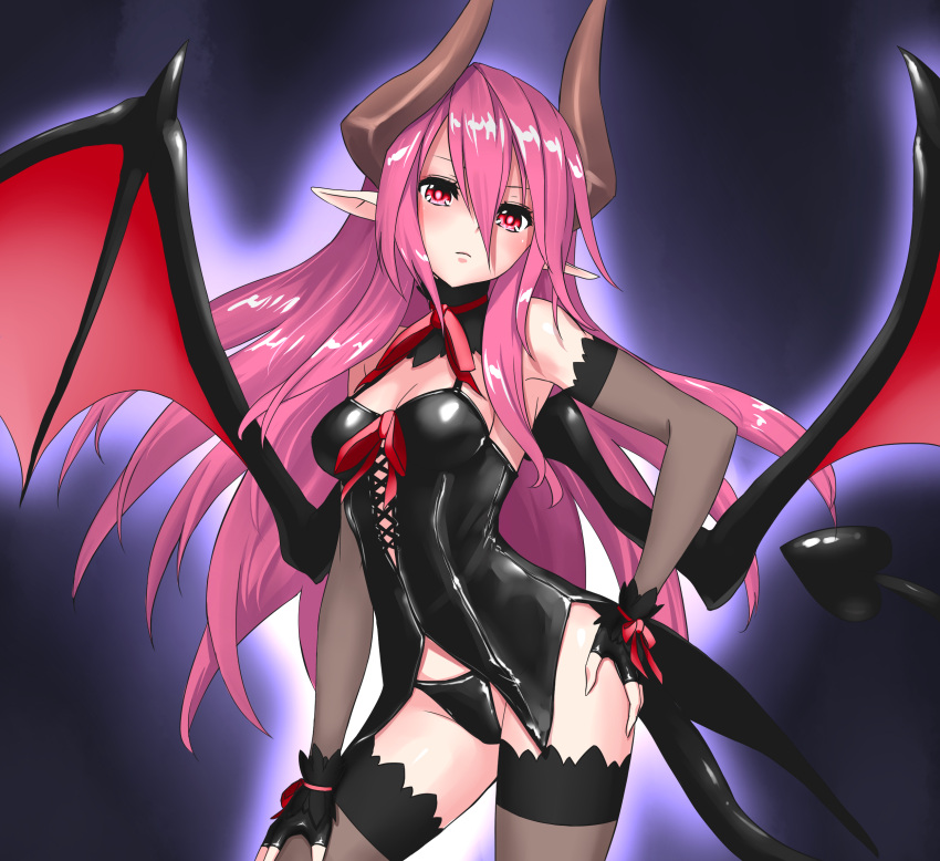1girl, black_gloves, breasts, cleavage, demon_girl, eyelashes, fingerless_gloves, gloves