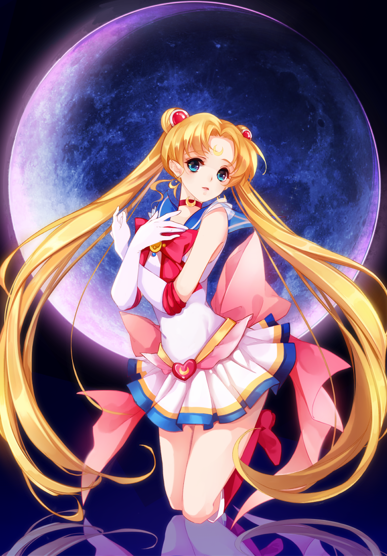 1girl, bishoujo_senshi_sailor_moon, bishoujo_senshi_sailor_moon_crystal, blonde_hair, blue_eyes, boots, bow, broom, broom_riding, elbow_gloves, full_moon, gloves, hair_bun, hair_ornament, kneeling, lin_lin, long_hair, magical_girl, moon, open_mouth, reflective_floor, sailor_moon, sash, school_uniform, serafuku, solo, tsukino_usagi, twintails, very_long_hair, white_gloves