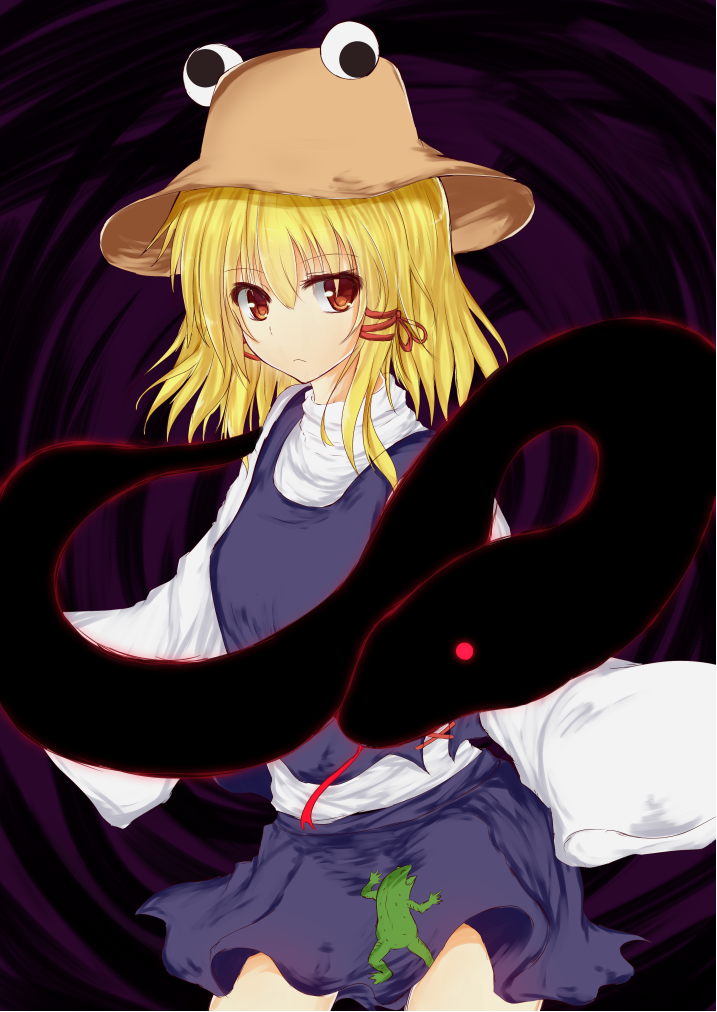 1girl, :<, blonde_hair, frog_print, frown, hair_ribbon, hands_in_sleeves, hat