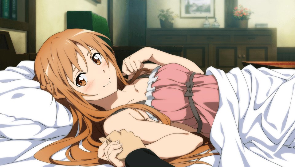 1girl, asuna_(sao), bed, blanket, blush, brown_eyes, brown_hair, game_cg, holding_hands, long_hair, looking_at_viewer, lying, nightgown, pillow, smile, solo, sword_art_online, sword_art_online:_hollow_fragment, yuuki_asuna