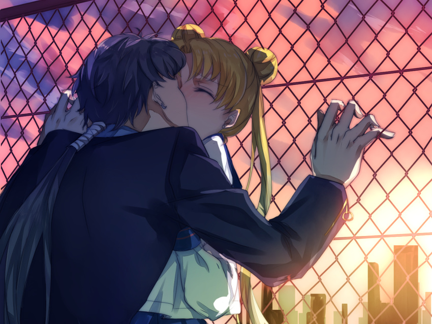 1girl, against_fence, androgynous, back, backlighting, bandages, bishoujo_senshi_sailor_moon, black_hair
