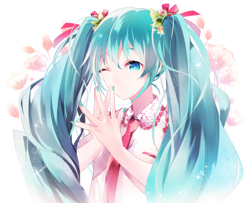 1girl, aqua_eyes, aqua_hair, hatsune_miku, kama_ri, nail_polish, necktie, one_eye_closed