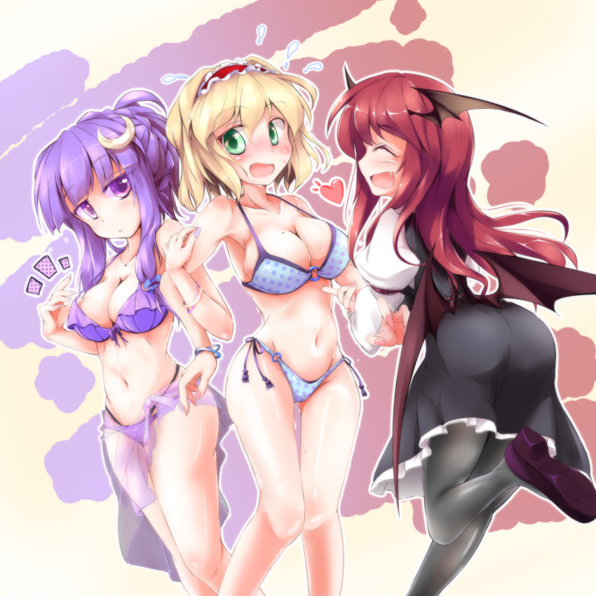 3girls, alice_margatroid, alternate_costume, alternate_hairstyle, bikini, black_legwear, blonde_hair, blush, breasts, cleavage, crescent_hair_ornament, front-tie_top, fumitsuki_(minaduki_6), green_eyes, hair_ornament, hairband, head_wings, heart, highres, koakuma, large_breasts, long_hair, mound_of_venus, multiple_girls, navel, o-ring_top, pantyhose, patchouli_knowledge, purple_hair, redhead, short_hair, side-tie_bikini, smile, swimsuit, touhou, violet_eyes