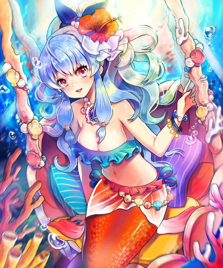 1girl, bare_shoulders, blue_hair, blush, bracelet, breasts, bubble, cleavage, coral, cushion, flower, frills, hair_flower, hair_ornament, hair_ribbon, jewelry, long_hair, mermaid, monster_girl, nail_polish, navel, necklace, parfait_(ryunghu), parted_lips, payot, red_eyes, ribbon, shell, shirt, sitting, solo, sparkle, star, sword_girls, underwater, very_long_hair, water