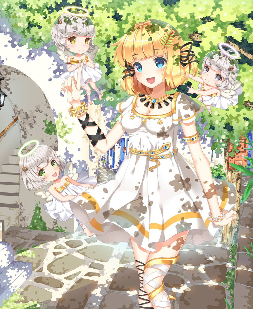 4girls, angel, armband, bare_shoulders, barefoot, belt, blonde_hair, blue_eyes