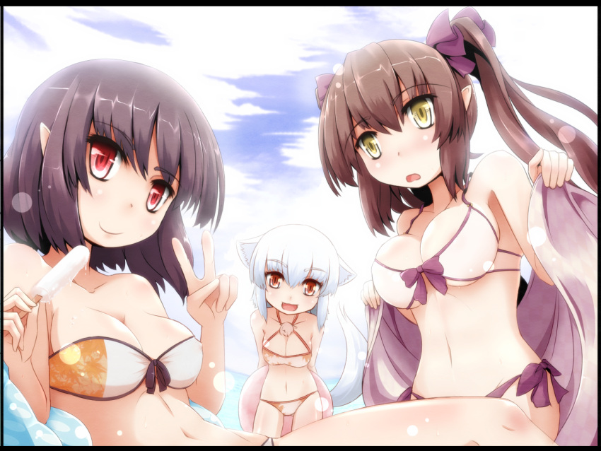 3girls, animal_ears, beach, bikini_skirt, bikini_top, black_hair, collarbone, himekaidou_hatate