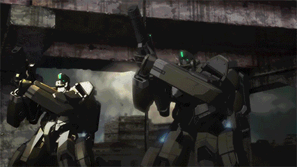aldnoah.zero, animated, animated_gif, battle, damaged, death, explosion, glowing, glowing_eyes, gun, huge_filesize, kg-7_areion, lowres, mecha, nilokeras, screencap, weapon