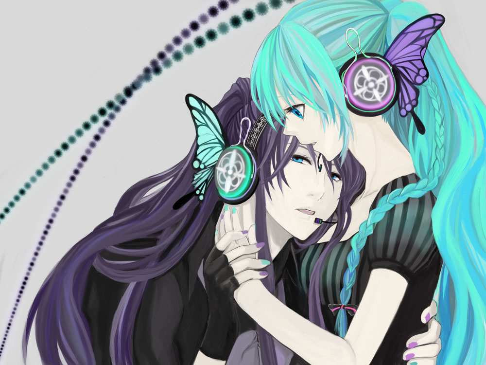 1boy, 1girl, aqua_hair, blue_eyes, butterfly_hair_ornament, butterfly_wings, couple, fingerless_gloves