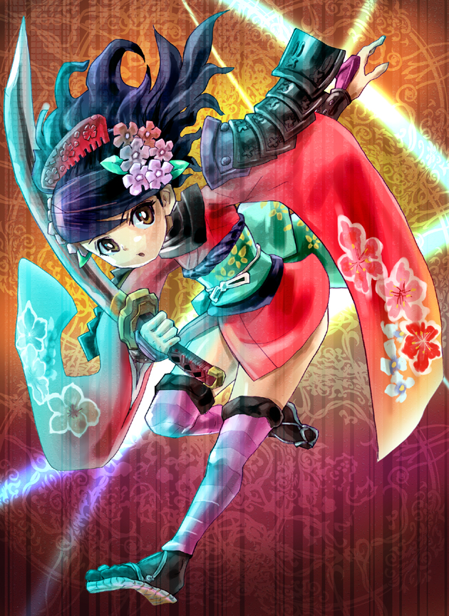 armor, black_hair, brown_eyes, comb, floral_print, flower, gauntlets, hair_comb, hair_flower, hair_ornament, japanese_clothes, katana, kimono, matsumoto_eight, momohime, oboro_muramasa, oboro_muramasa_youtouden, ponytail, sandals, short_kimono, sode, solo, striped, striped_legwear, striped_thighhighs, sword, thigh-highs, thighhighs, weapon