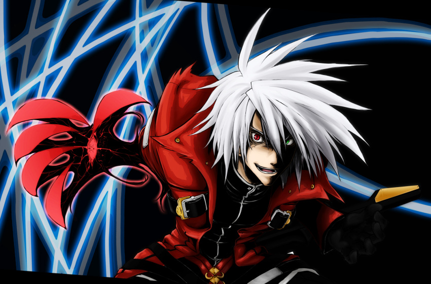devoured_by_darkness, gloves, hakama, heterochromia, japanese_clothes, male, ragna_the_bloodedge, silver_hair