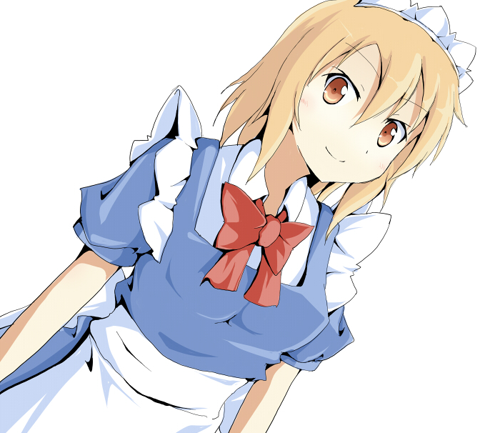 1girl, apron, blonde_hair, dutch_angle, looking_at_viewer, maid_headdress, mugetsu, ribbon