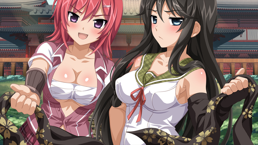 2girls, black_hair, blue_eyes, blush, breasts, building, cleavage, elbow_gloves